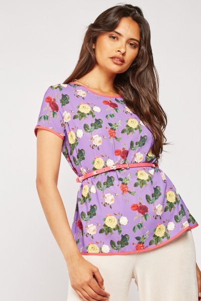Belted Flower Print Blouse