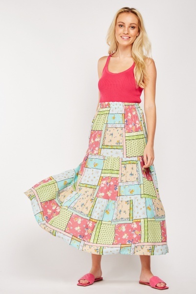Mix Print Elasticated Tiered Maxi Skirt