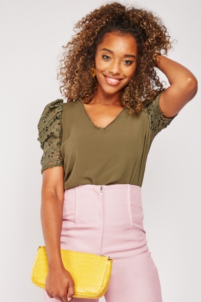 Ruched Corchet Sleeve Top