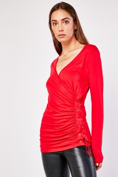 Ruched Side Lace Up Blouse