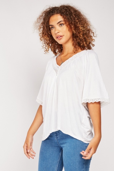 V-Neck Crochet Trim Cotton Blouse