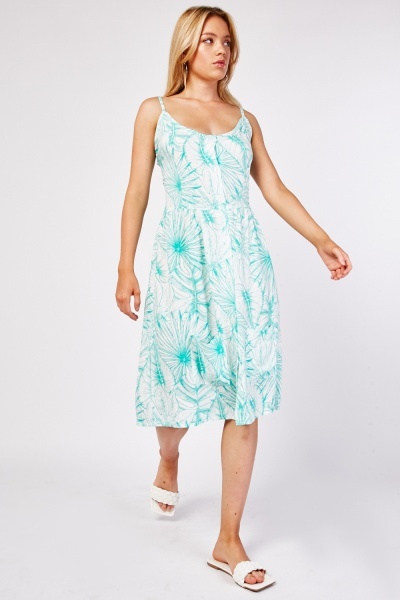 Leaf Print Strappy Midi Dress