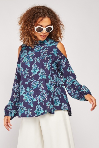 Floral Cold Shoulder Cut Out Back Blouse