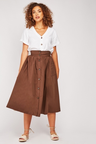 Waistband Button Up Midi Skirt