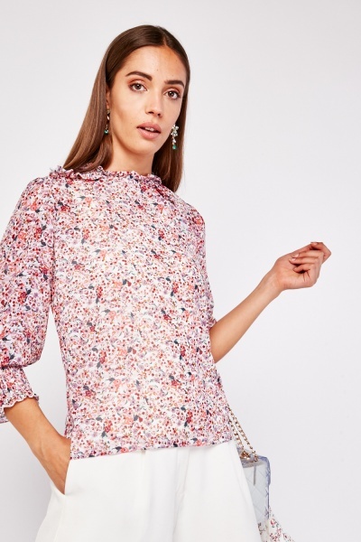 Floral Frill Neck Trim Sheer Blouse