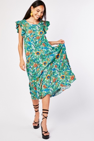 Flower Print Ruffle Midi Dress