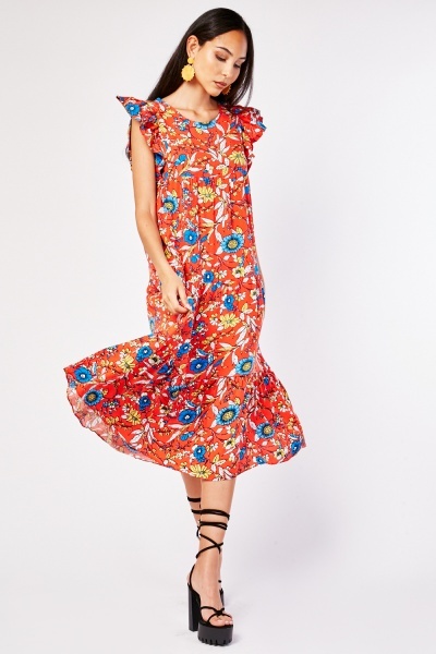 Flower Print Ruffle Midi Dress