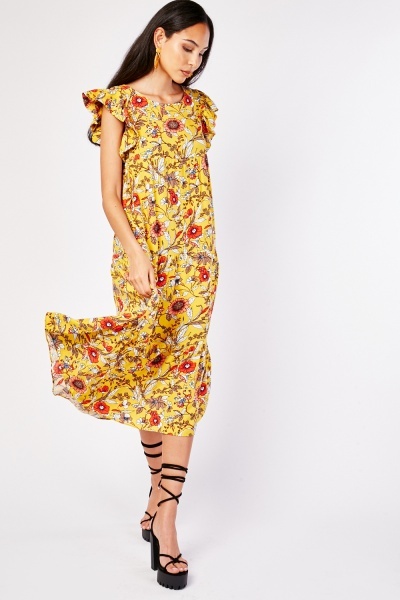 Flower Print Ruffle Midi Dress