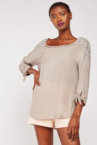 Faux Pearl Crochet Trim Blouse