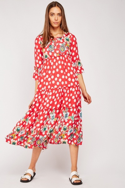 Mixed Print 3/4 Sleeve Maxi Dress