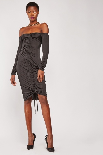 Image of Off Shoulder Tie Up Ruched Bodycon Dress