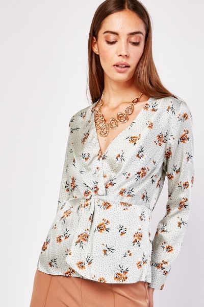 Polka Dot Print Wrap Silky Blouse