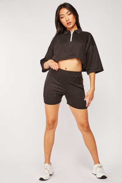 Zip Up Collared Top And Shorts Set