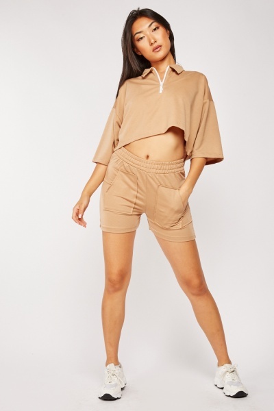 Zip Up Collared Top And Shorts Set