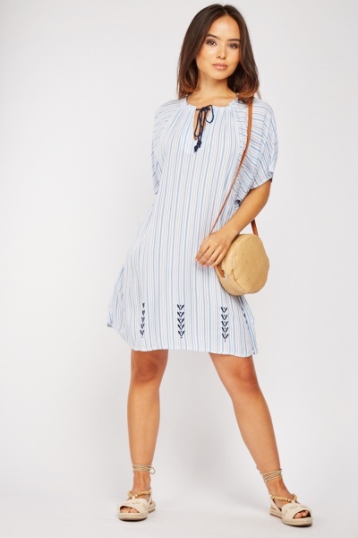 Embroidered Striped Tunic Dress