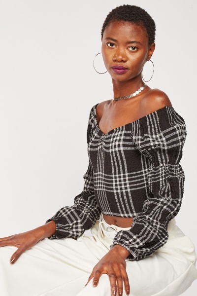 Textured Gingham Crop Blouse