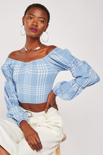 Textured Gingham Crop Blouse