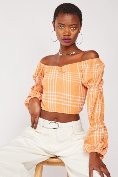 Textured Gingham Crop Blouse