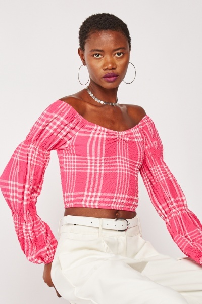 Textured Gingham Crop Blouse