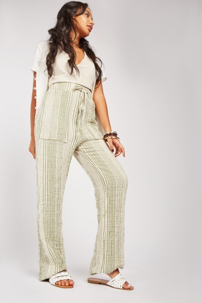 Crinkled Wide Leg Striped Trousers