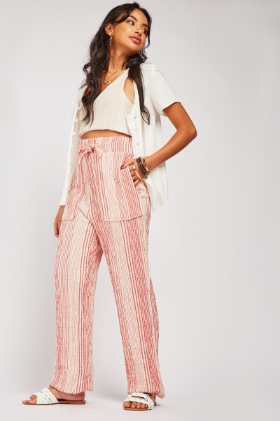 Crinkled Wide Leg Striped Trousers