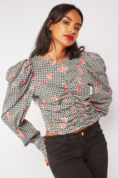 Gingham Floral Ruched Blouse