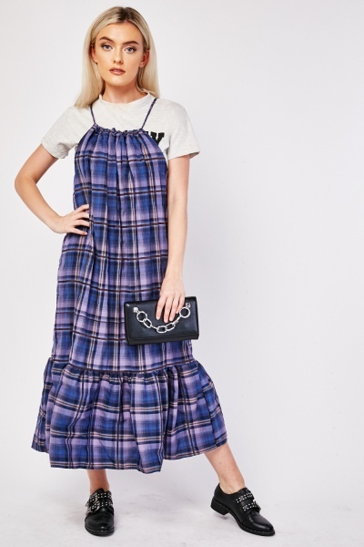 Textured Plaid Ruffle Strappy Dress