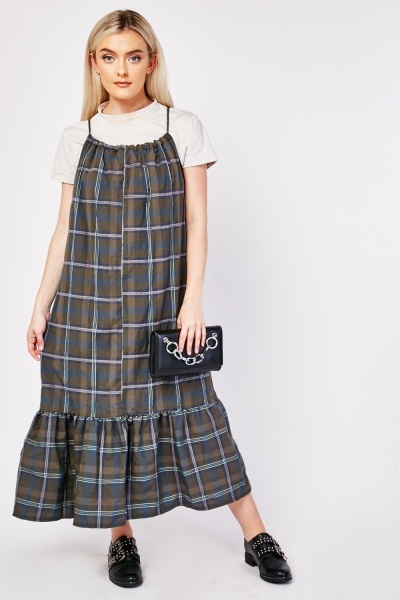 Textured Plaid Ruffle Strappy Dress