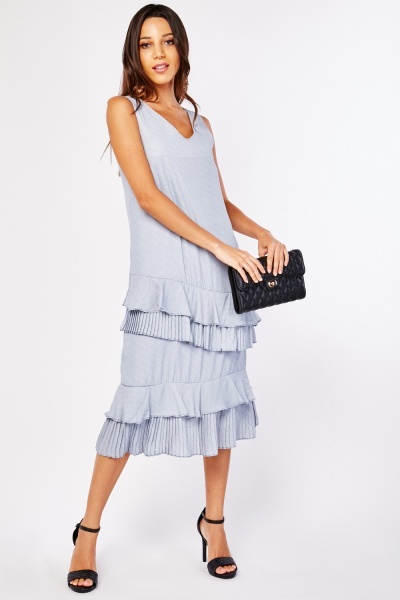 Dotted Pleated Panel Tiered Dress