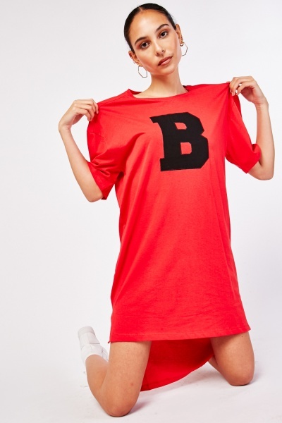 Letter Applique Dip Hem T-Shirt Dress