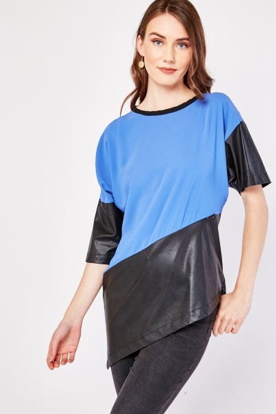 Faux Leather Contrast Asymmetric Blouse