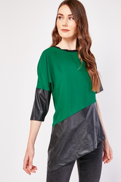 Faux Leather Contrast Asymmetric Blouse