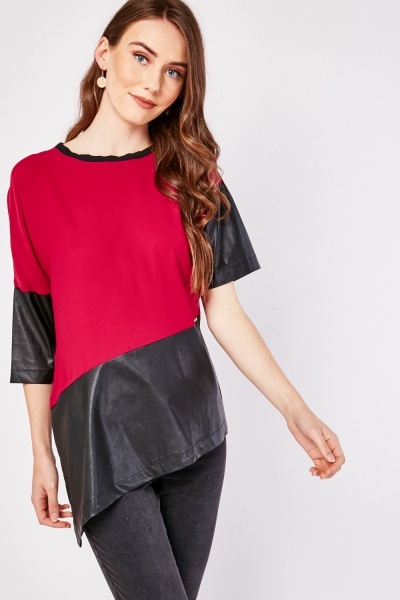 Faux Leather Contrast Asymmetric Blouse