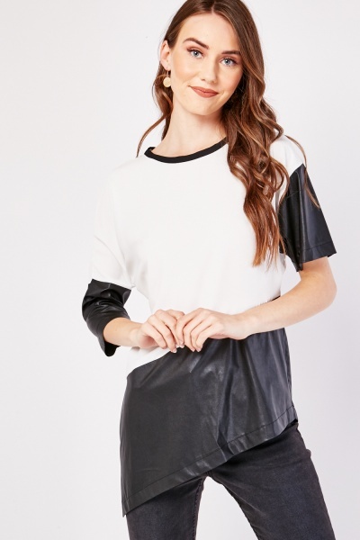 Faux Leather Contrast Asymmetric Blouse