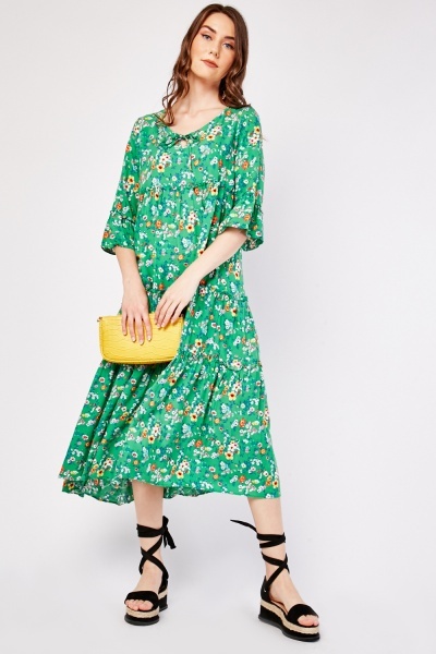 Floral Tiered Layered Sleeve Midi Dress