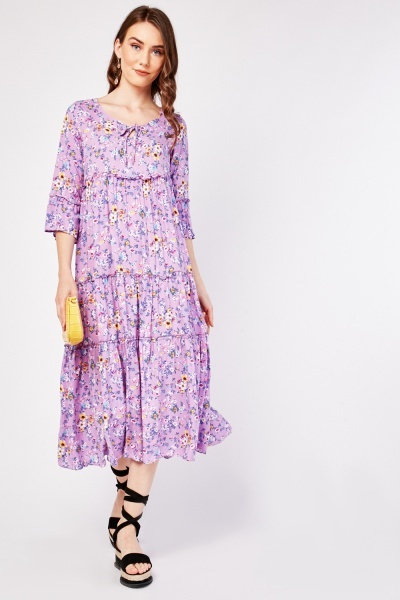 Floral Tiered Layered Sleeve Midi Dress