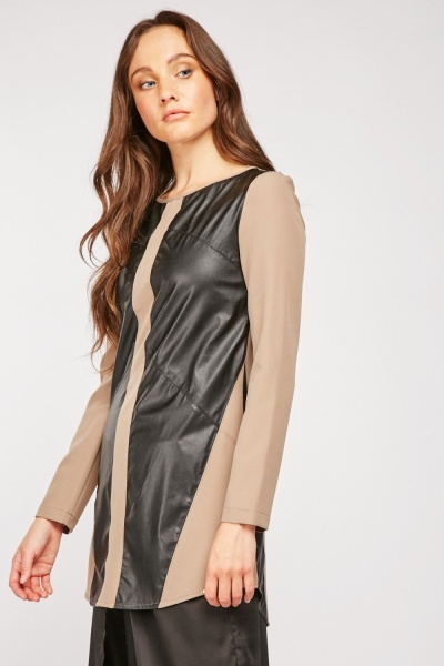 Faux Leather Contrast Tunic Top