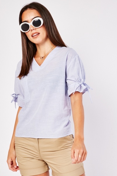 Pinstriped Drawstring Sleeve Blouse