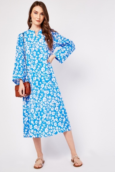 V-Neck Floral Tunic Midi Dress