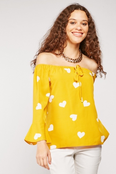 Love Heart Print Bell Sleeve Blouse