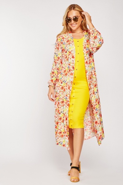 Ditsy Floral Open Front Long Line Kimono