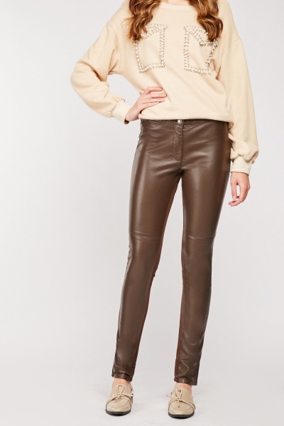 Faux Leather Contrasted Slim Fit Trousers
