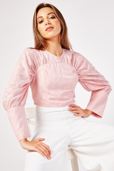 Embroidered Fitted Long Sleeve Crop Top