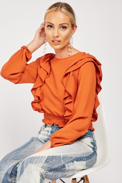 Ruffle Trim Long Sleeve Top