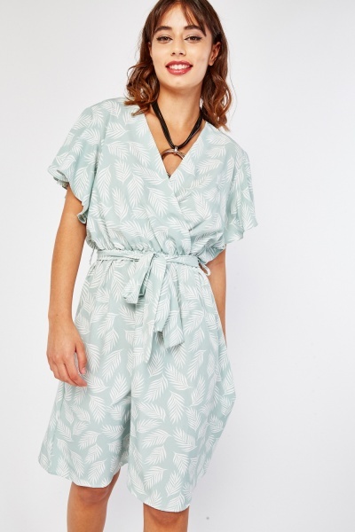 Leaf Print Ruffle Wrap Dress