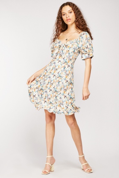 Floral Front Tie Up Short Sleeve Mini Dress