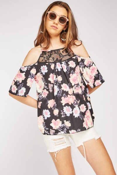 Lace Insert Cold Shoulder Floral Top