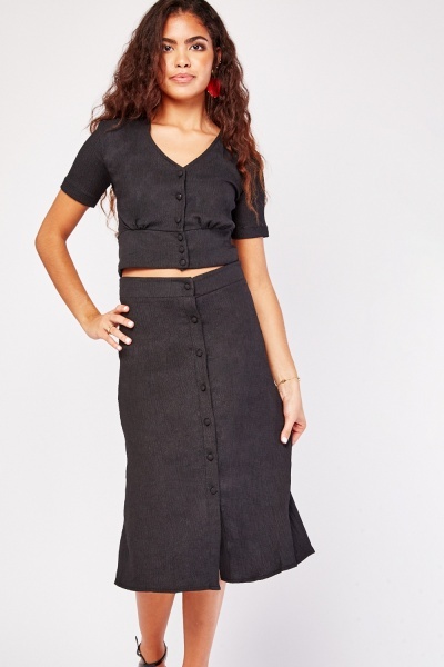Crinkle Button Up Top And Skirt Set