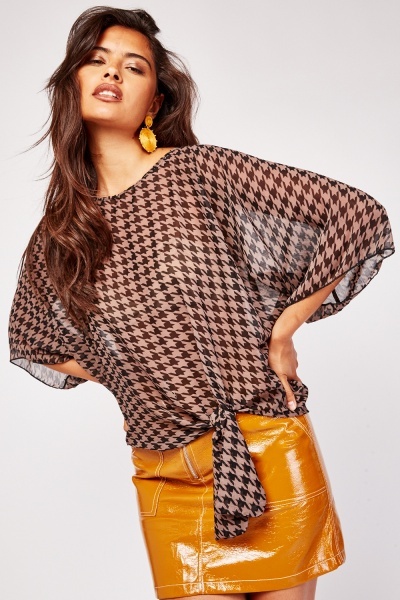 Houndstooth Print Sheer Blouse