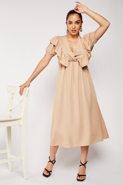 Low Plunge Ruffle Wrap Dress